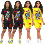 Plus Size Poker Print Two Piece Shorts Set SHD-9270