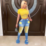 Denim Ripped Hole Skinny Flared Jeans Pants HMS-5323