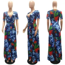 Floral Print V Neck Sashes Wide Leg Jumpsuits MAE-2039