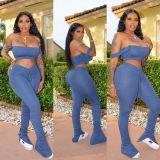 Sexy Crop Top Stacked Pants Two Piece Sets OSM-6080