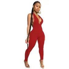 Fashion Sexy Backless Deep V Halter Jumpsuit YS-8570