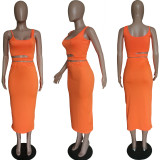Solid Spaghetti Strap Maxi Skirt Hollow Two Piece Sets BGN-BN060