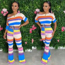 Colorful Stripe Oblique Collar Two Piece Pants Set FNN-8506