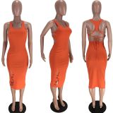 Solid Backless Lace Up Hole Sleeveless Midi Dress LM-8157