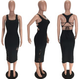 Solid Backless Lace Up Hole Sleeveless Midi Dress LM-8157