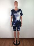 Plus Size Tie Dye O Neck Two Piece Shorts Set LX-2070