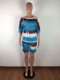 Plus Size Tie Dye O Neck Two Piece Shorts Set LX-2070