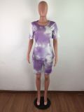 Plus Size Tie Dye O Neck Two Piece Shorts Set LX-2070