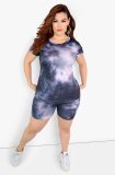 Plus Size Tie Dye O Neck Two Piece Shorts Set LX-2070
