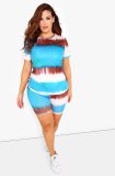 Plus Size Tie Dye O Neck Two Piece Shorts Set LX-2070