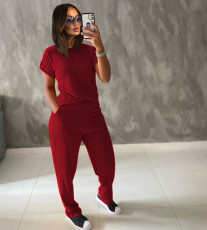 Solid Short Sleeve Two Piece Pants Set TR-1049