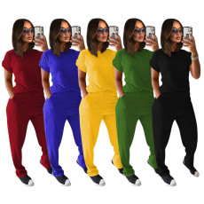 Solid Short Sleeve Two Piece Pants Set TR-1049
