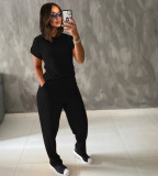 Solid Short Sleeve Two Piece Pants Set TR-1049