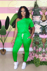 Oblique Shoulder Solid Color Slim Sports Jumpsuit SFY-140