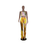 Tie Dye Halter Crop Tops Stacked Pants 2 Piece Sets CHY-1233
