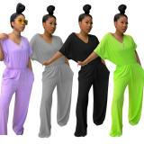 Plus Size Loose Casual Solid Color V Neck Jumpsuit SFY-141