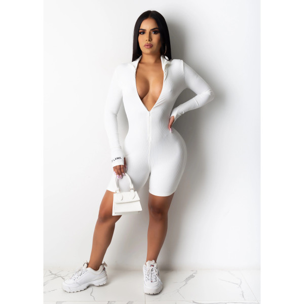 Solid Embroidery Long Sleeve Zipper Skinny Rompers CHY-1237