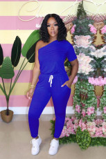 Oblique Shoulder Solid Color Slim Sports Jumpsuit SFY-140