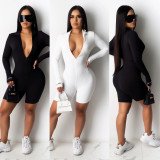 Solid Embroidery Long Sleeve Zipper Skinny Rompers CHY-1237