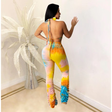 Tie Dye Halter Crop Tops Stacked Pants 2 Piece Sets CHY-1233
