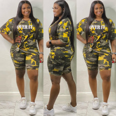 Plus Size 5XL Camouflage Letters Two Piece Set OSM2-4202