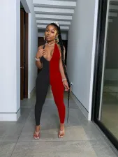 Sexy Pathwork Deep V Halter Backless Jumpsuit LUO-3075