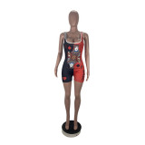 Poker Print Contrast Color Sleeveless Rompers CHY-1241