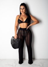 Fashion Knitted Mesh Cutout Perspective Long Pants Suit ZSD-046