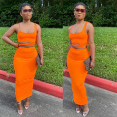 Plus Size Solid Crop Top Long Skirt 2 Piece Sets BGN-060
