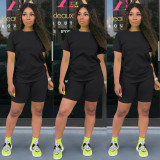 Copy Solid Tracksuit Short Sleeve Two Piece Shorts Set TE-3779