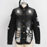 Casual Ripped Hole Button Long Denim Coats SMR-9625