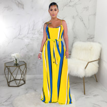 Colorful Stripe Sashes Loose Long Slip Dress SMR-9304
