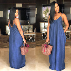 Plus Size Spaghetti Strap Loose Denim Maxi Dress SMR-8908