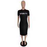 Letter Print Drawstring Short Sleeve Dress MEM-8287