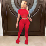 Solid Mesh Patchwork Flared Pants 2 Piece Sets TE-4026-1