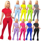 Solid Mesh Patchwork Flared Pants 2 Piece Sets TE-4026