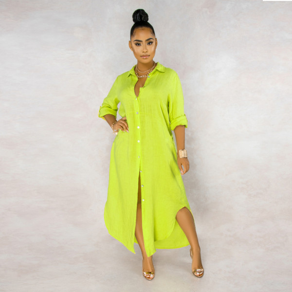Solid Long Sleeve Button Maxi Shirt Dress SMR-9620