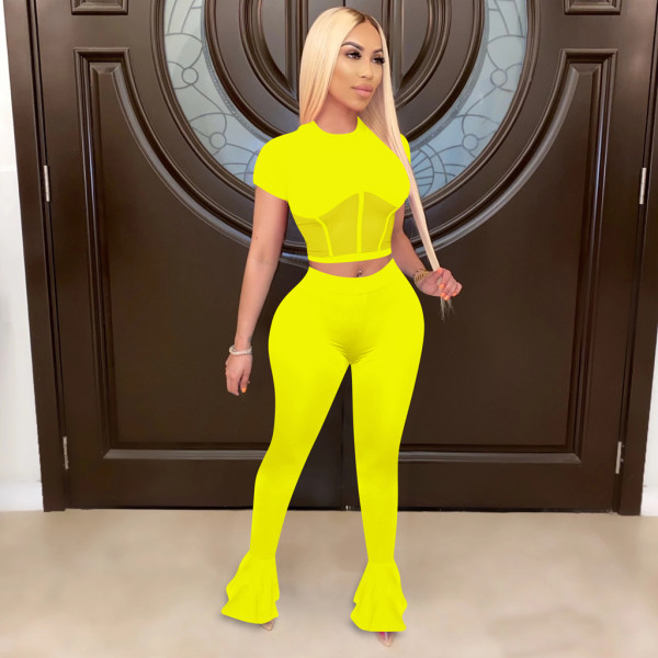 Solid Mesh Patchwork Flared Pants 2 Piece Sets TE-4026
