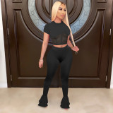 Solid Mesh Patchwork Flared Pants 2 Piece Sets TE-4026-1