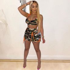 Plus Size Sexy Camouflage Strappy Printed Skirt Suit MAE-2046