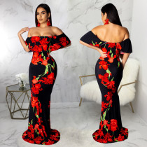 Floral Print Slash Neck Slim Maxi Dress SMR-9274