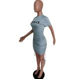 Letter Print Drawstring Short Sleeve Dress MEM-8287