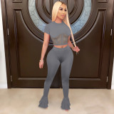 Solid Mesh Patchwork Flared Pants 2 Piece Sets TE-4026
