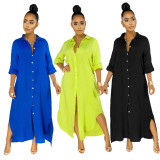 Solid Long Sleeve Button Maxi Shirt Dress SMR-9620