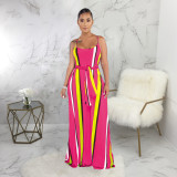 Colorful Stripe Sashes Loose Long Slip Dress SMR-9304
