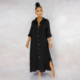 Solid Long Sleeve Button Maxi Shirt Dress SMR-9620