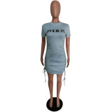 Letter Print Drawstring Short Sleeve Dress MEM-8287