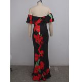 Floral Print Slash Neck Slim Maxi Dress SMR-9274