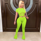 Solid Mesh Patchwork Flared Pants 2 Piece Sets TE-4026