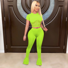Solid Mesh Patchwork Flared Pants 2 Piece Sets TE-4026